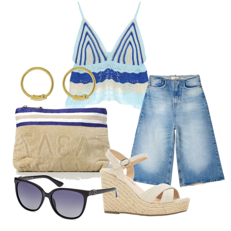 Outfit donna - Ghost outfitter - giugno. Stile Boho per Tutti i giorni. Abbinamento con sandali, jeans, top, occhiali da sole, orecchini, pochette.