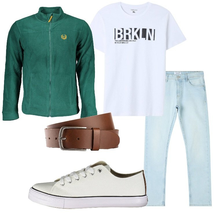 Outfit uomo - Una sera d\'estate. Stile Casual per Serata speciale. Abbinamento con cinture, jeans dritti, t-shirt, felpe, scarpe sportive.
