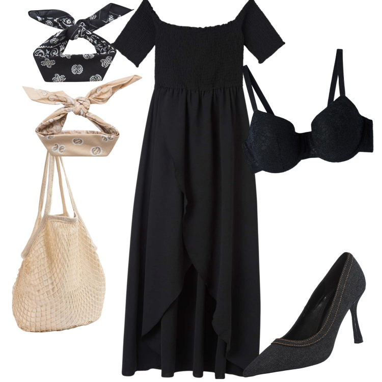 Outfit donna - Concerto glam. Stile Glamour per Serata fuori. Abbinamento con vestiti lunghi, reggiseni a balconcino, décolleté, borse a spalla, fasce per capelli.