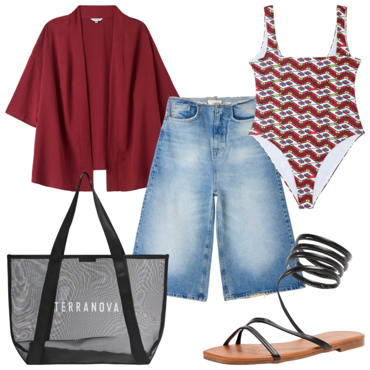 Outfit donna - Musica sulla spiaggia. Stile Trendy per Mare. Abbinamento con jeans, costumi interi, kimono, sandali, shopping bag.
