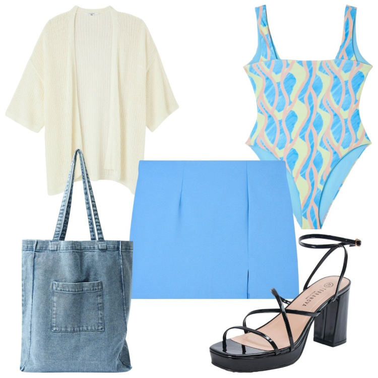 Outfit donna - Festival con Terranova. Stile Trendy per Mare. Abbinamento con costumi interi, kimono, sandali in pelle, minigonne, shopping bag.