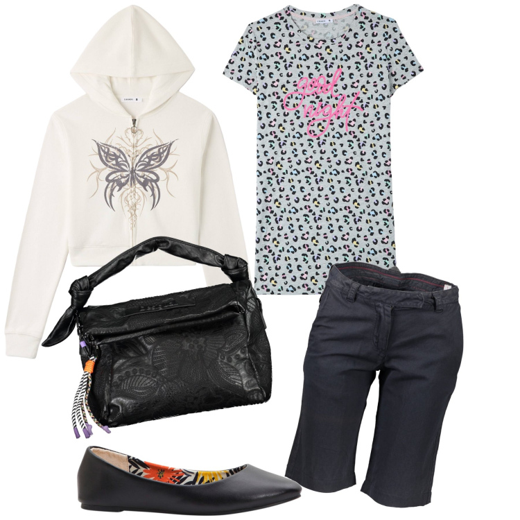 Outfit donna - Total look. Stile Basic per Tutti i giorni. Abbinamento con ballerine, t-shirt, felpe con cappuccio, bermuda, borse a spalla.