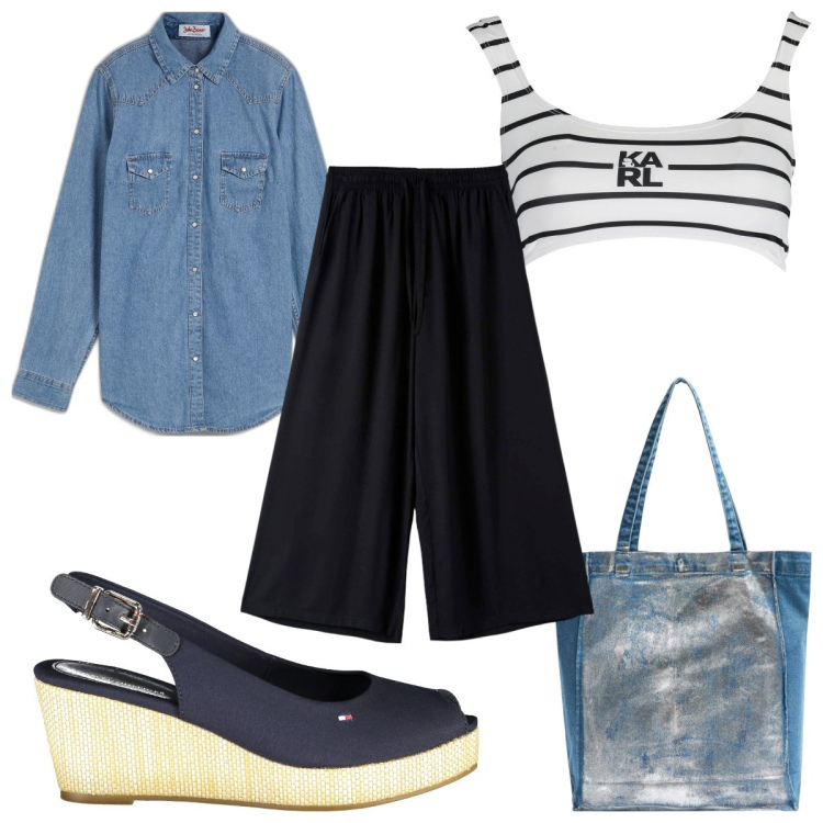 Outfit donna - Total look #1888510. Stile Trendy per Mare. Abbinamento con camicie, pantaloni a palazzo, shopping bag, sandali col tacco, costumi.