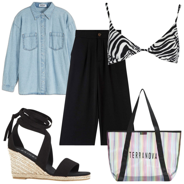 Outfit donna - Total look #1888513. Stile Trendy per Mare. Abbinamento con sandali, camicie, pantaloni a palazzo, shopping bag, costumi.
