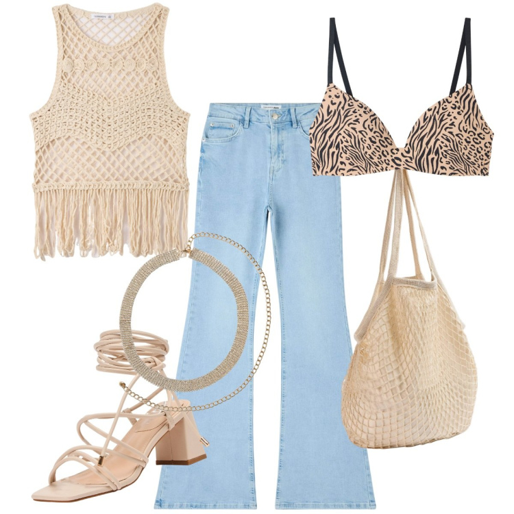 Outfit donna - Total look #1888518. Stile Casual chic per Tutti i giorni. Abbinamento con reggiseni, top, sandali alla schiava, jeans a zampa, borse a spalla, collane.