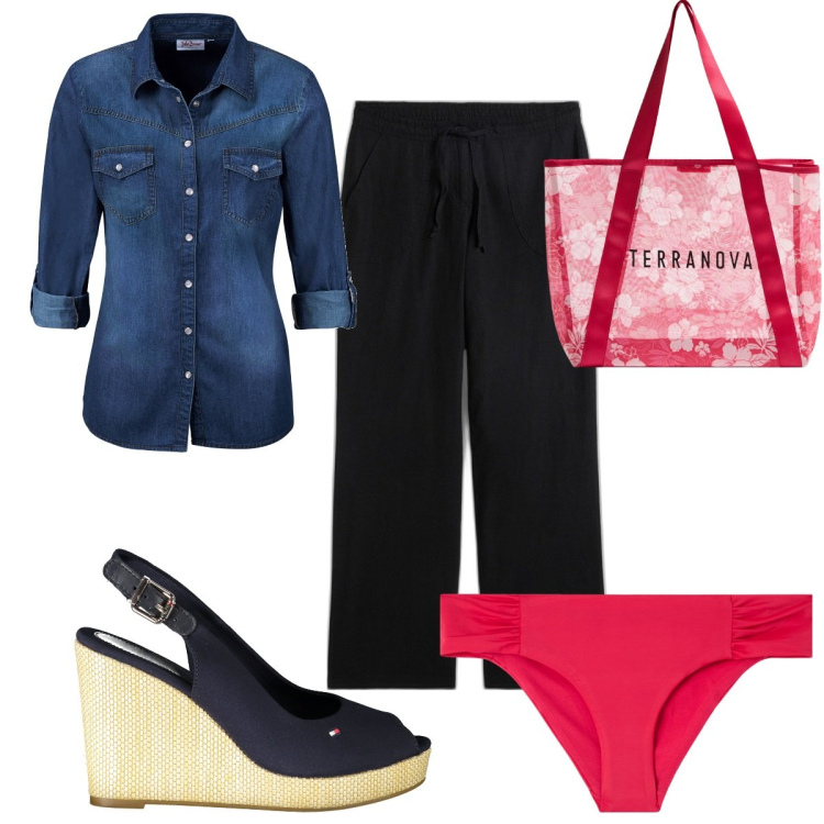Outfit donna - Total look #1888519. Stile Trendy per Mare. Abbinamento con camicie, pantaloni a palazzo, shopping bag, bikini, sandali.