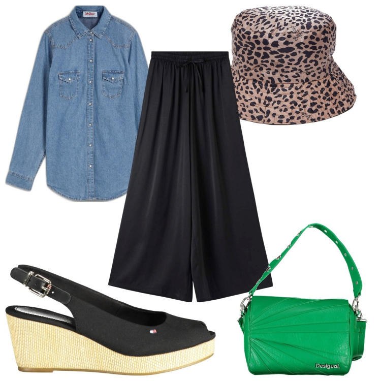 Outfit donna - Total look #1888520. Stile Trendy per Tutti i giorni. Abbinamento con camicie, pantaloni a palazzo, sandali col tacco, borse a spalla, cappelli.