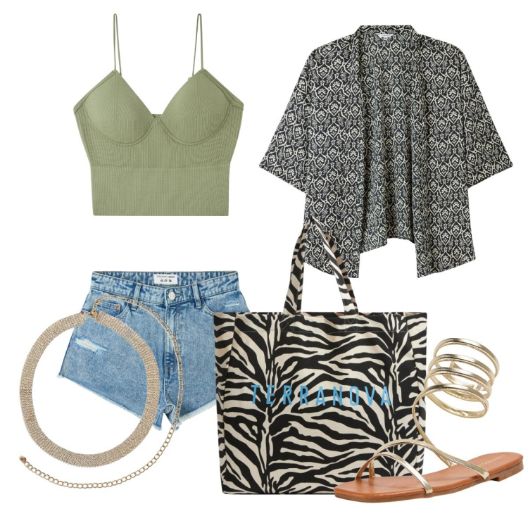 Outfit donna - Festival Time con Terranova. Stile Casual chic per Tutti i giorni. Abbinamento con borse tote, top, blazer, shorts, collane, sandali.