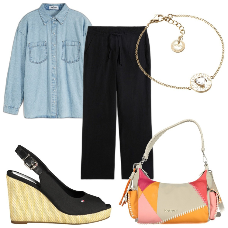 Outfit donna - Total look #1888538. Stile Trendy per Tutti i giorni. Abbinamento con pantaloni a palazzo, camicie, sandali, borse a spalla, braccialetti.