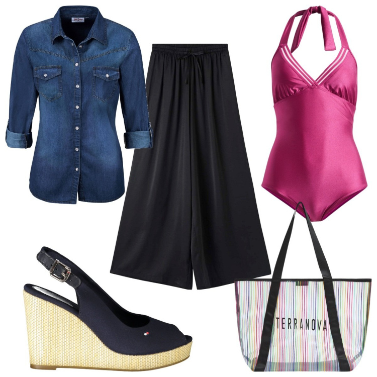 Outfit donna - Total look #1888544. Stile Trendy per Mare. Abbinamento con camicie, costumi interi, pantaloni a palazzo, shopping bag, sandali.