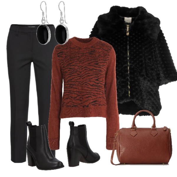 Outfit donna - Basic #16975. Stile Basic per Tutti i giorni. Abbinamento con pantaloni, ecopelliccia, stivaletti chelsea con cubano interno foderato con punta tonda tinta unita, pullover fantasia lavorato a maglia collo tondo a maniche lunghe taglia media in mohair vestibilità ridotta, orecchini, borsa a mano tote marrone.