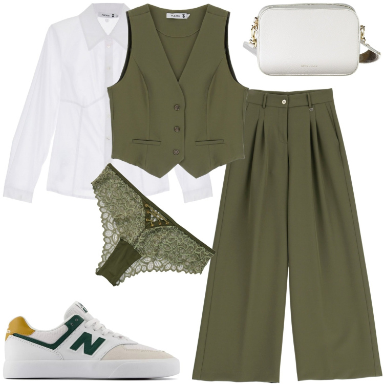 Outfit donna - Total look #1888559. Stile Casual per Scuola/Università. Abbinamento con culotte, pantaloni a palazzo, gilet, camicie, sneakers, borse a tracolla.