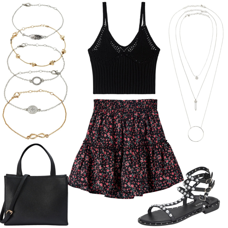 Outfit donna - Total look #1888574. Stile Romantica per Tutti i giorni. look ideale per Petite. Abbinamento con braccialetti con ciondoli, ciondoli, gonne, top, sandali, shopping bag.