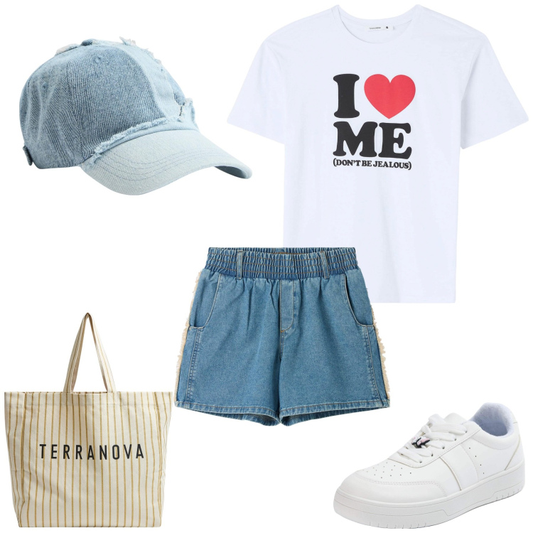 Outfit donna - Total look #1888578. Stile Basic per Tutti i giorni. Abbinamento con t-shirt, shorts, sneakers, borse tote, cappelli.