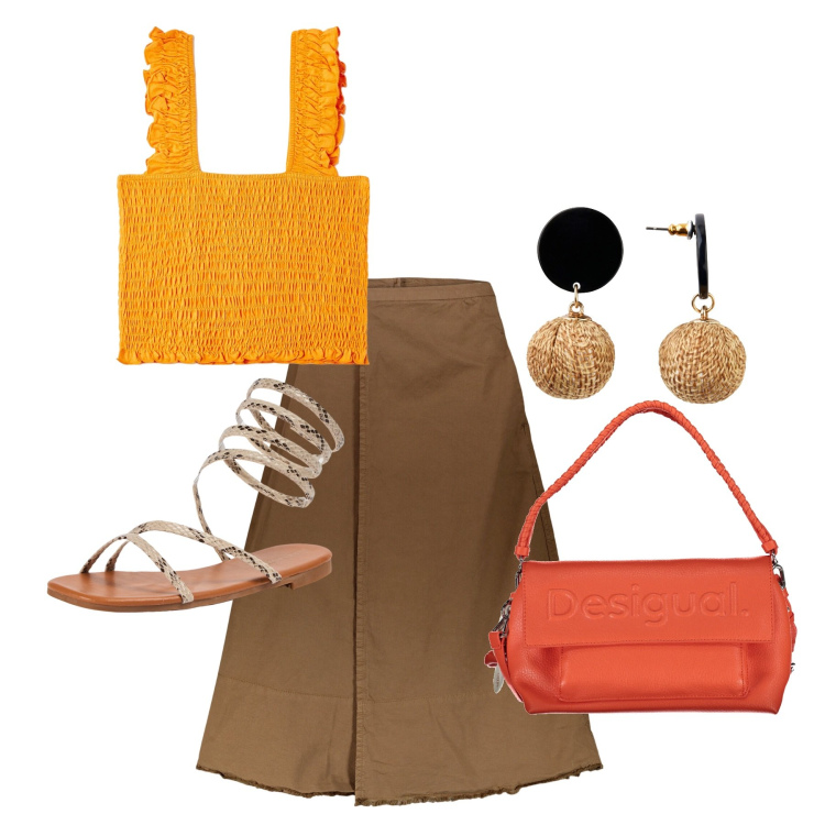 Outfit donna - Ghost outfitter - giugno. Stile Chic per Tutti i giorni. Abbinamento con orecchini, top, sandali, gonne lunghe, borse a spalla.