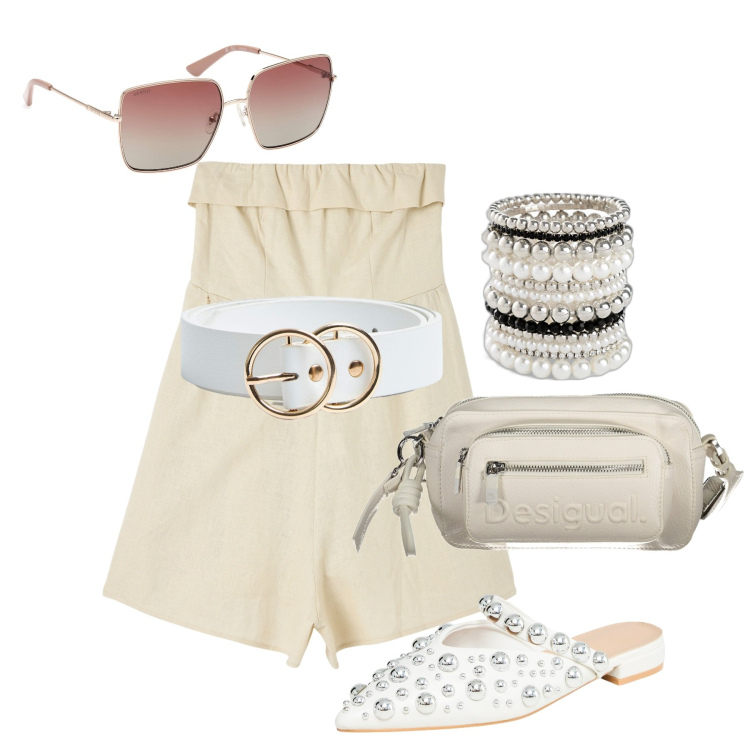 Outfit donna - Ghost outfitter - giugno. Stile Chic per Tutti i giorni. Abbinamento con braccialetti, ballerine, tuta corta, cinture, borse a spalla, occhiali da sole.