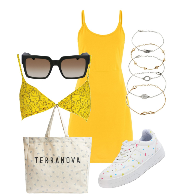 Outfit donna - Ghost outfitter - giugno. Stile Basic per Mare. Abbinamento con braccialetti con ciondoli, vestito corto, sneakers, shopping bag, occhiali da sole, costumi.