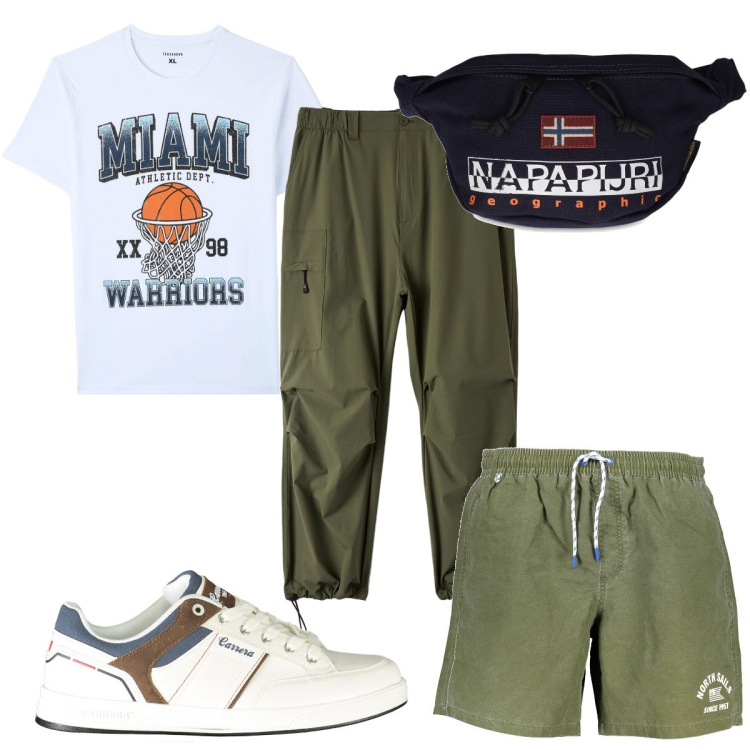 Outfit uomo - Total look #1888675. Stile Trendy per Mare. Abbinamento con pantaloni, t-shirt, sneakers, costumi, borse sportive.