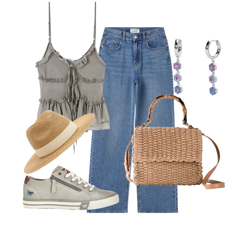 Outfit donna - Ghost outfitter - giugno. Stile Romantica per Tutti i giorni. Abbinamento con sneakers, borse a mano, jeans, cappelli, top, orecchini.