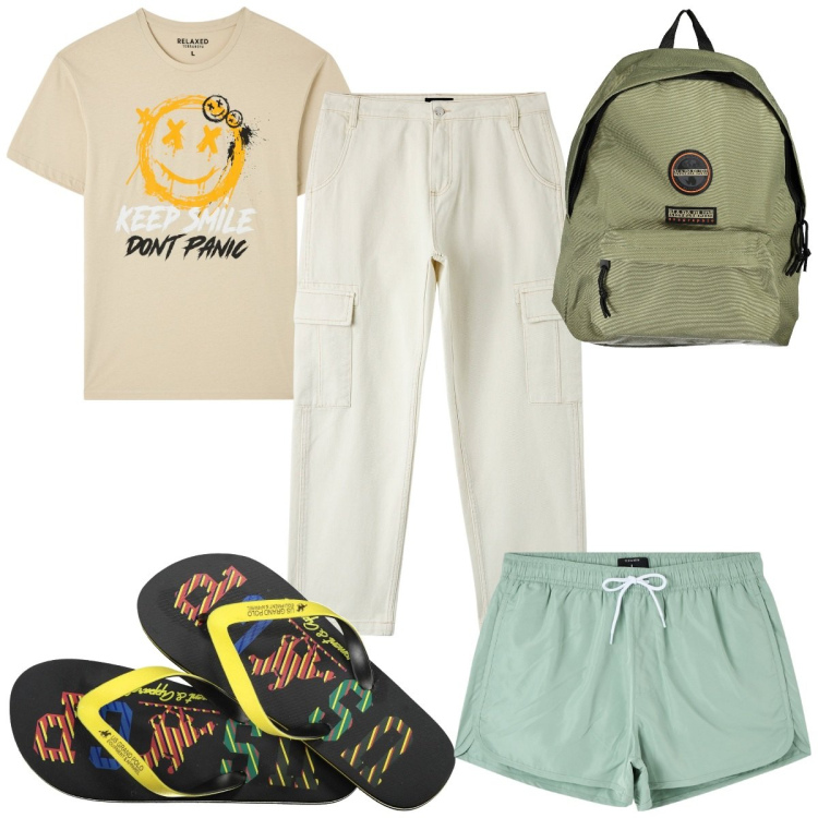Outfit uomo - Total look #1888683. Stile Trendy per Mare. Abbinamento con t-shirt, costumi, pantaloni cargo, borse sportive, sandali.