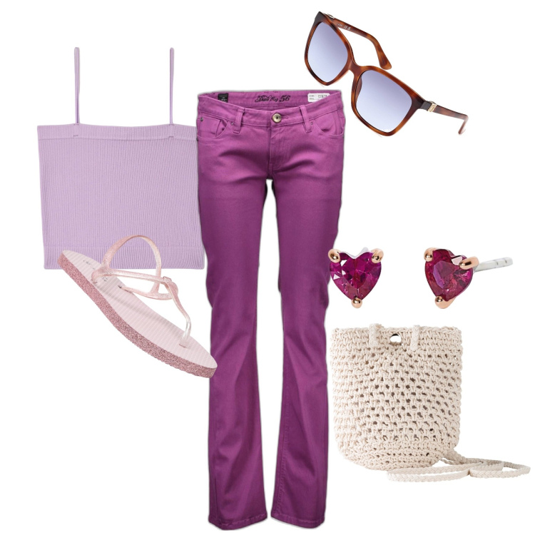 Outfit donna - Ghost outfitter - giugno. Stile Casual per Tutti i giorni. Abbinamento con borse a tracolla, sandali, canottiere, orecchini, pantaloni, occhiali da sole.