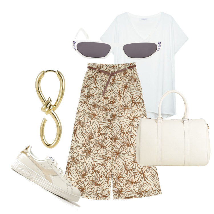 Outfit donna - Ghost outfitter - giugno. Stile Basic per Tutti i giorni. Abbinamento con borse a mano, pantaloni a palazzo, t-shirt, sneakers, occhiali da sole, orecchini.