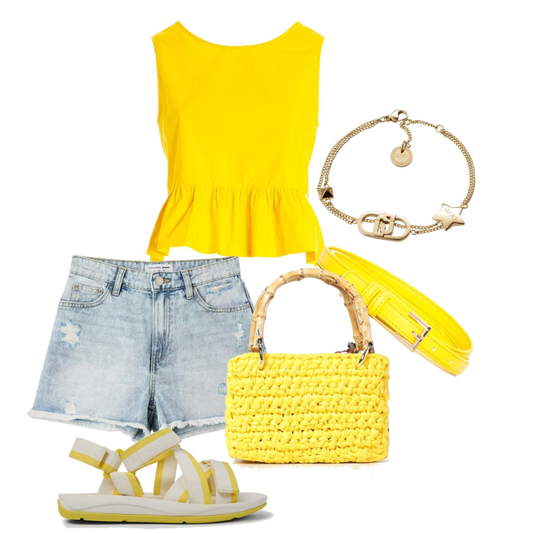 Outfit donna - Ghost outfitter - giugno. Stile Basic per Tutti i giorni. Abbinamento con shorts, top, cinture, sandali, pochette, braccialetti.