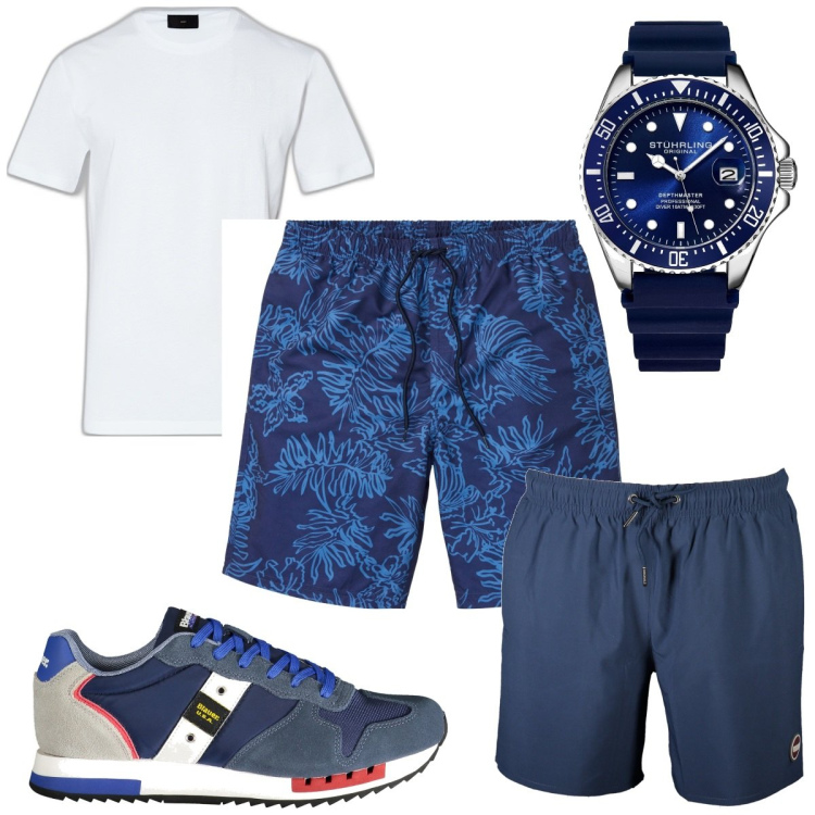Outfit uomo - Total look #1888702. Stile Trendy per Mare. Abbinamento con pantaloni corti, orologi, costumi, sneakers, t-shirt.