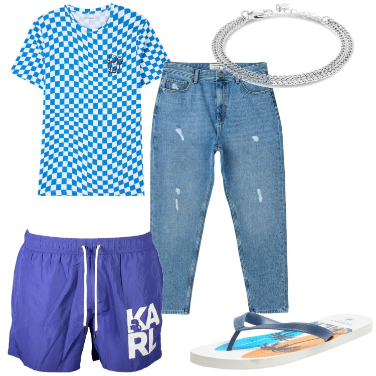 Outfit uomo - Total look #1888706. Stile Trendy per Mare. Abbinamento con jeans strappati, sandali, t-shirt, costumi, braccialetti.