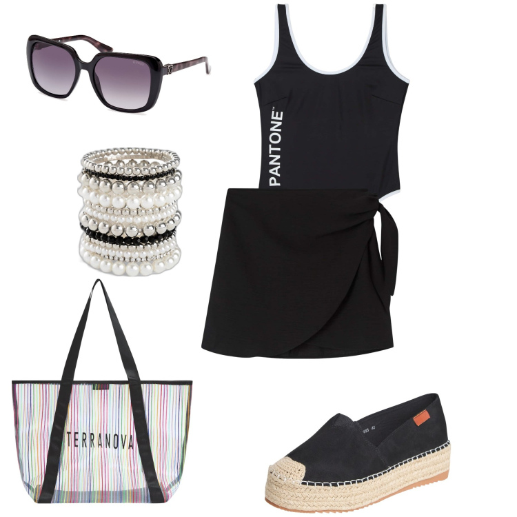 Outfit donna - Le perle del mare. Stile Bon Ton per Mare. Abbinamento con braccialetti, costumi interi, espadrillas, vestiti da spiaggia, shopping bag, occhiali da sole.