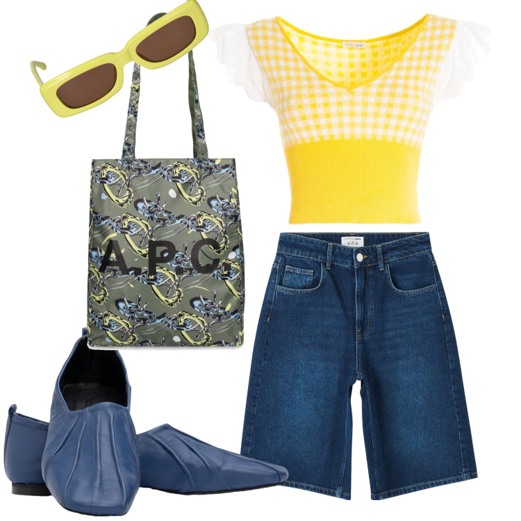 Outfit donna - Mix estivo. Stile Basic per Tutti i giorni. Abbinamento con bermuda, top, occhiali da sole, shopping bag, ballerine.