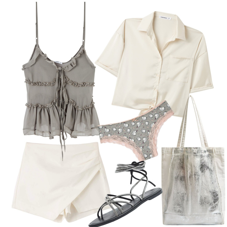 Outfit donna - Total look #1888726. Stile Casual chic per Tutti i giorni. Abbinamento con sandali alla schiava, camicie a manica corta, gonne, shopping bag, culotte, top.