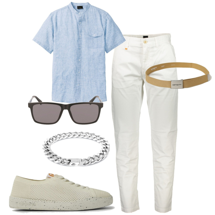Outfit uomo - Aperitivo estivo. Stile Trendy per Tutti i giorni. Abbinamento con camicie a manica corta, pantaloni, occhiali da sole, cinture, scarpe stringate, braccialetti.