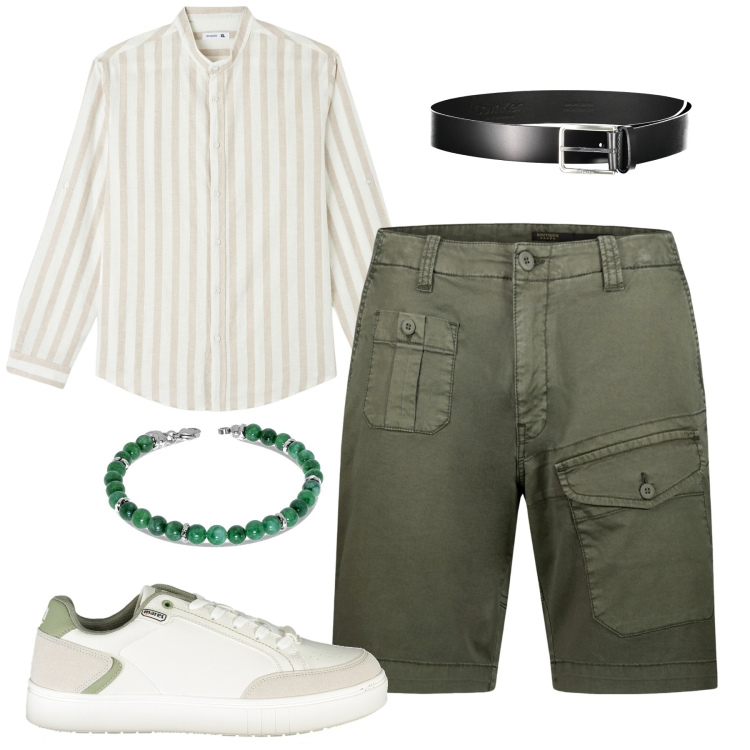 Outfit uomo - City. Stile Trendy per Tutti i giorni. Abbinamento con camicie, bermuda, cinture, scarpe sportive, braccialetti.