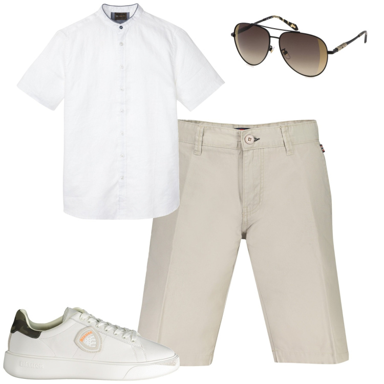 Outfit uomo - City. Stile Trendy per Tutti i giorni. Abbinamento con camicie a manica corta, occhiali da sole, bermuda, sneakers.