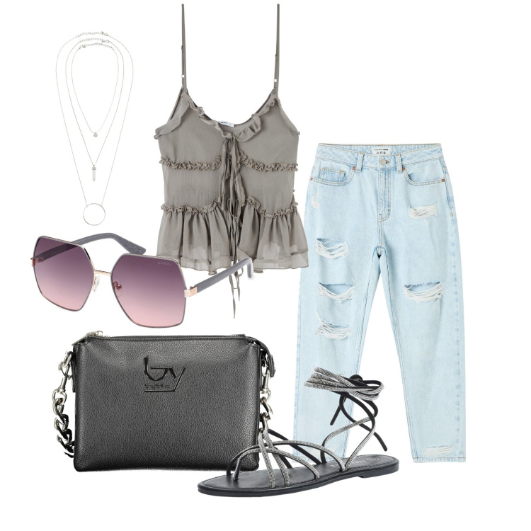 Outfit donna - Ghost outfitter - giugno. Stile Trendy per Tutti i giorni. Abbinamento con ciondoli, sandali alla schiava, top, jeans mom, occhiali da sole, borse a spalla.