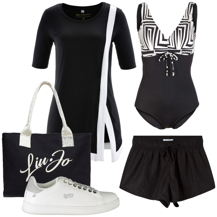 Outfit donna - Total look #1888798. Stile Sporty chic per Mare. Abbinamento con maglieria, costumi interi, pantaloni corti, shopping bag, sneakers.