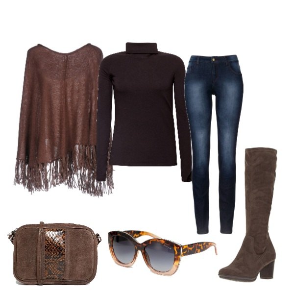Outfit donna - Mantella marrone. Stile Basic per Tutti i giorni. Abbinamento con jeans skinny, mantella senza tasche lavorato a maglia collo tondo interno sfoderato tinta unita, stivali marrone, maglia a maniche lunghe nero, occhiali da sole a gatto lenti scure stanghette sottili protezione dai raggi nero, borsa a tracolla motivo serpente effetto scamosciato con zip in denim con tasca interna.