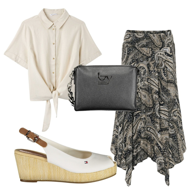 Outfit donna - Total look #1888812. Stile Trendy per Tutti i giorni. Abbinamento con gonne longuette, camicie, sandali col tacco, borse a spalla.
