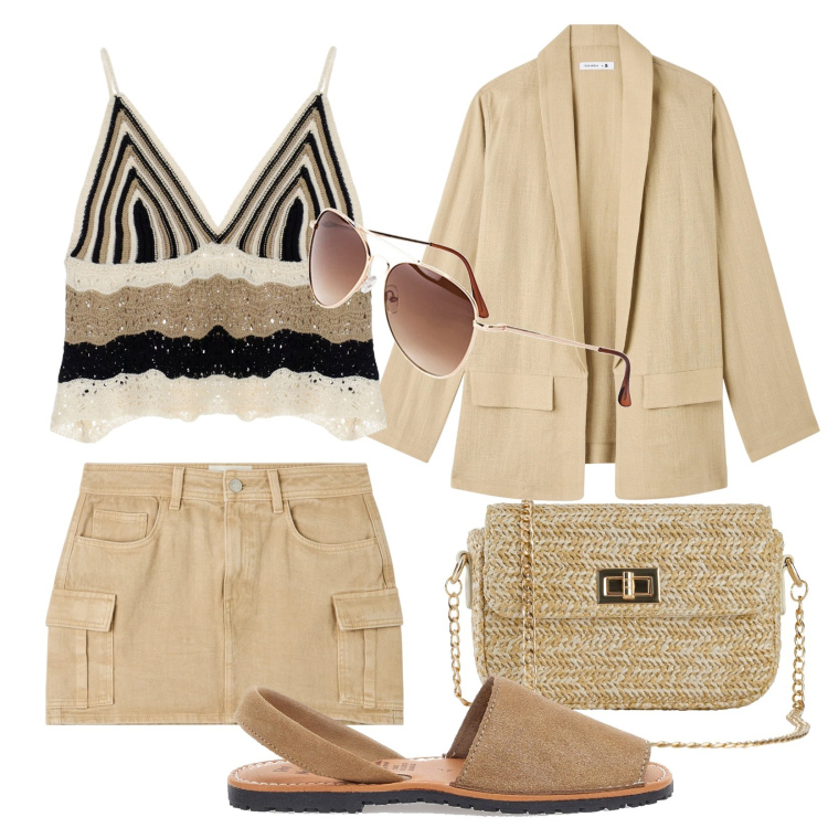 Outfit donna - Look comodo. Stile Basic per Tutti i giorni. Abbinamento con occhiali da sole, borse a mano, minigonne, blazer, top, sandali in pelle.