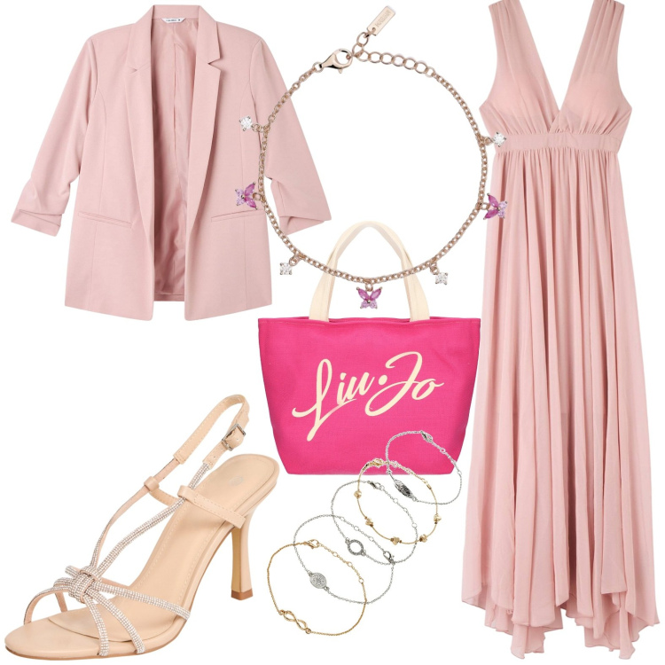 Outfit donna - Rosa romantica. Stile Romantica per Serata fuori. Abbinamento con braccialetti con ciondoli, vestiti lunghi, sandali col tacco, blazer, braccialetti, shopping bag.
