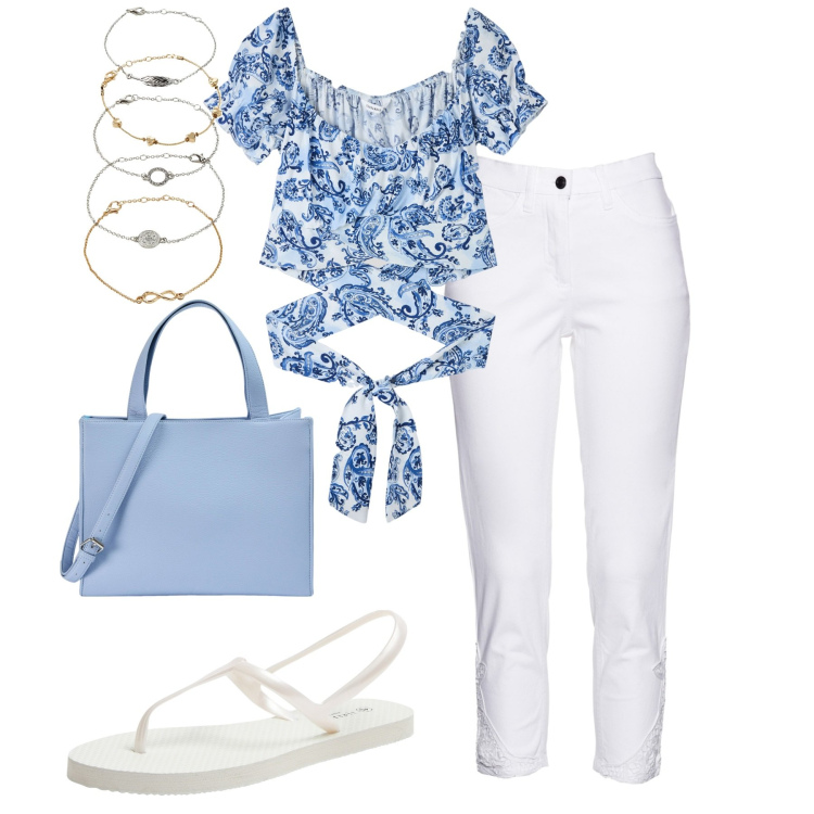 Outfit donna - City. Stile Casual per Tutti i giorni. Abbinamento con braccialetti con ciondoli, jeans, bluse, sandali, shopping bag.