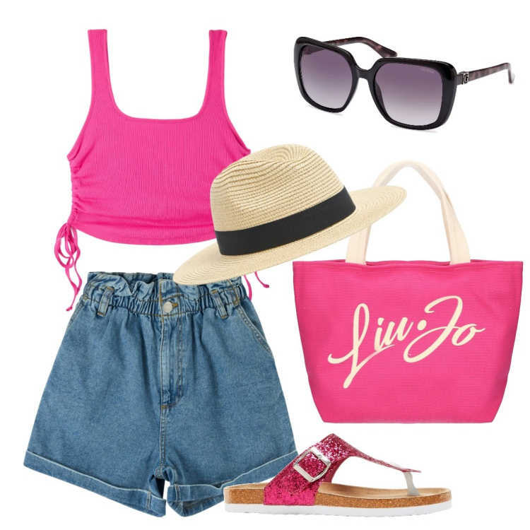 Outfit donna - Escursione a Zante. Stile Casual per Mare. Abbinamento con infradito, canottiere, cappelli, shorts, occhiali da sole, shopping bag.