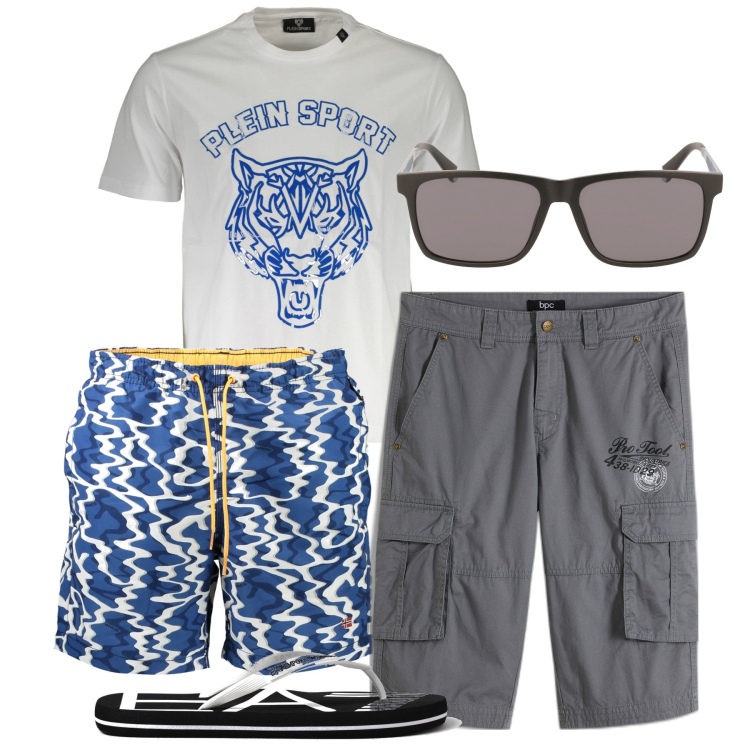 Outfit uomo - Sea. Stile Casual per Mare. Abbinamento con bermuda, costumi, t-shirt, occhiali da sole, sandali.