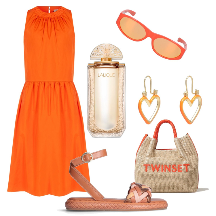 Outfit donna - Fresca in città. Stile Trendy per Tutti i giorni. Abbinamento con orecchini, profumi, vestiti midi/longuette, sandali, occhiali da sole, borse a mano.