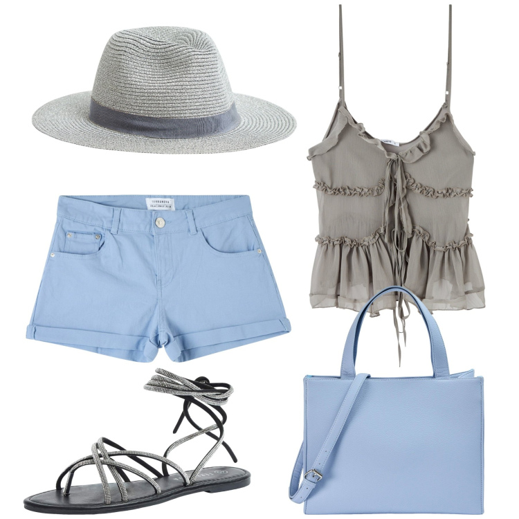 Outfit donna - Terranova Summer. Stile Casual chic per Tutti i giorni. Abbinamento con cappelli, sandali alla schiava, top, shorts, shopping bag.