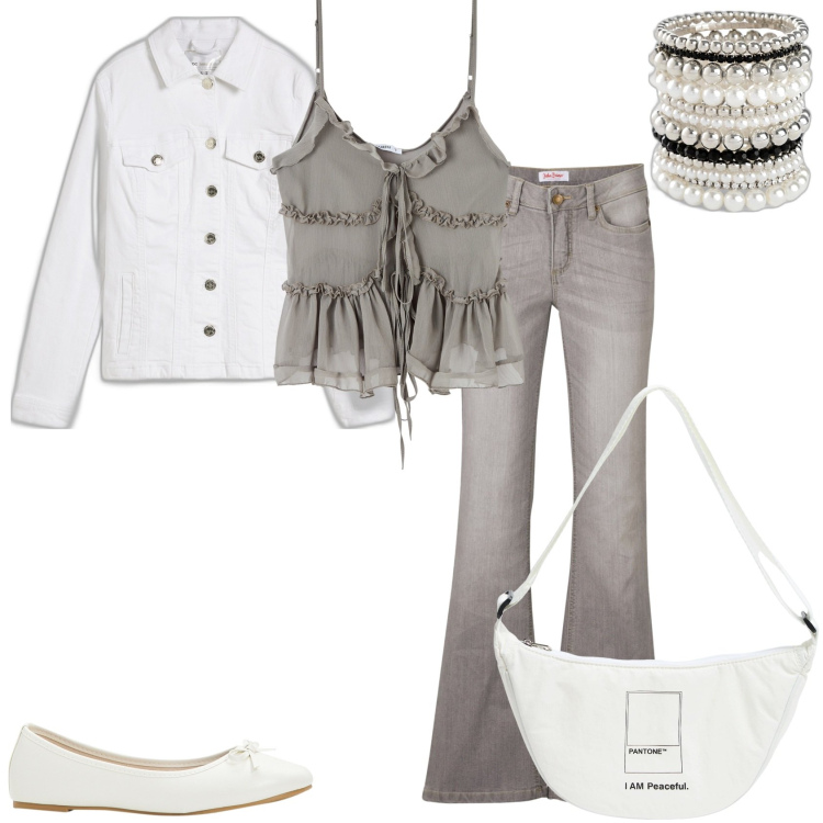 Outfit donna - Il grigio è un ottimo outfit. Stile Casual chic per Tutti i giorni. Abbinamento con ballerine, braccialetti, jeans bootcut, blazer, marsupi, top.