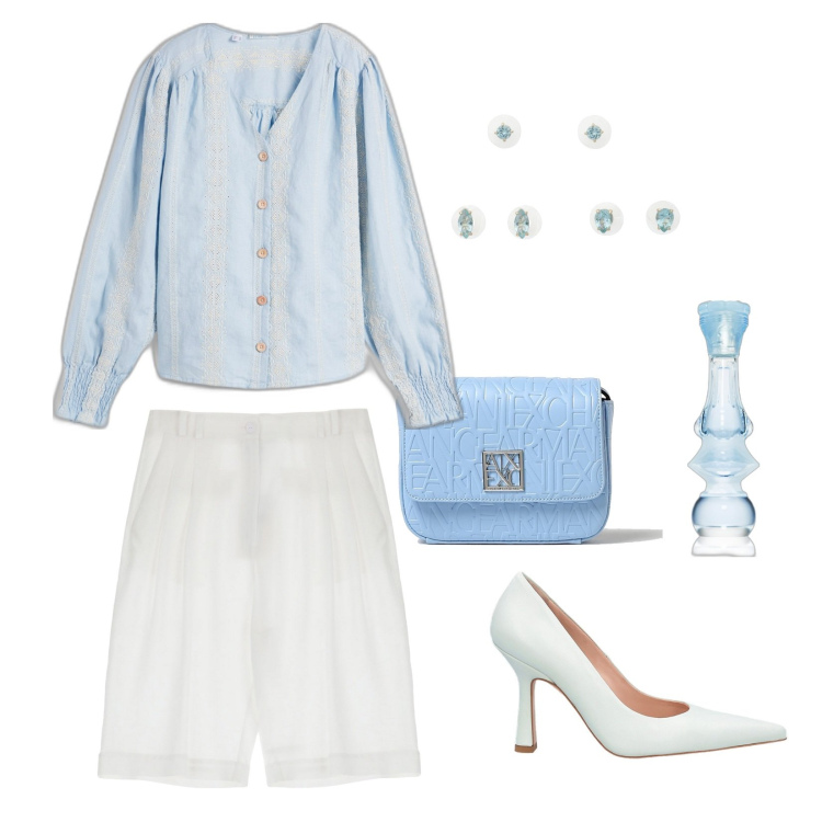 Outfit donna - Dettaglio ricamato. Stile Romantica per Serata fuori. Abbinamento con camicie, orecchini, profumi, bermuda, décolleté, borse a tracolla.