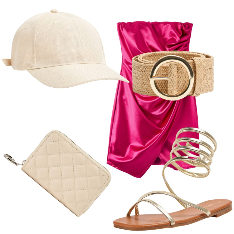 Outfit donna - Festival chic. Stile Chic per Mare. look ideale per Petite. Abbinamento con cappelli, vestiti asimmetrici, portafogli, cinture, sandali.