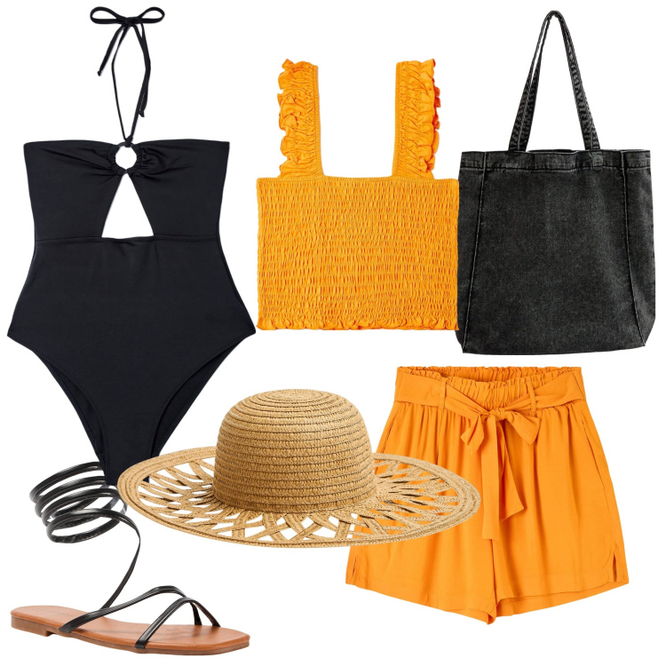 Outfit donna - Arancione al mare. Stile Casual per Mare. Abbinamento con shorts, top, costumi interi, shopping bag, sandali, cappelli.